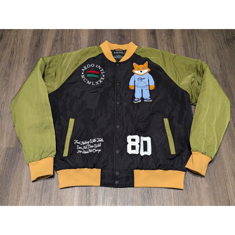 AKOO Intl. XXL‎ Bomber Jacket Fox Graphic Olive Green Black Streetwear Mens